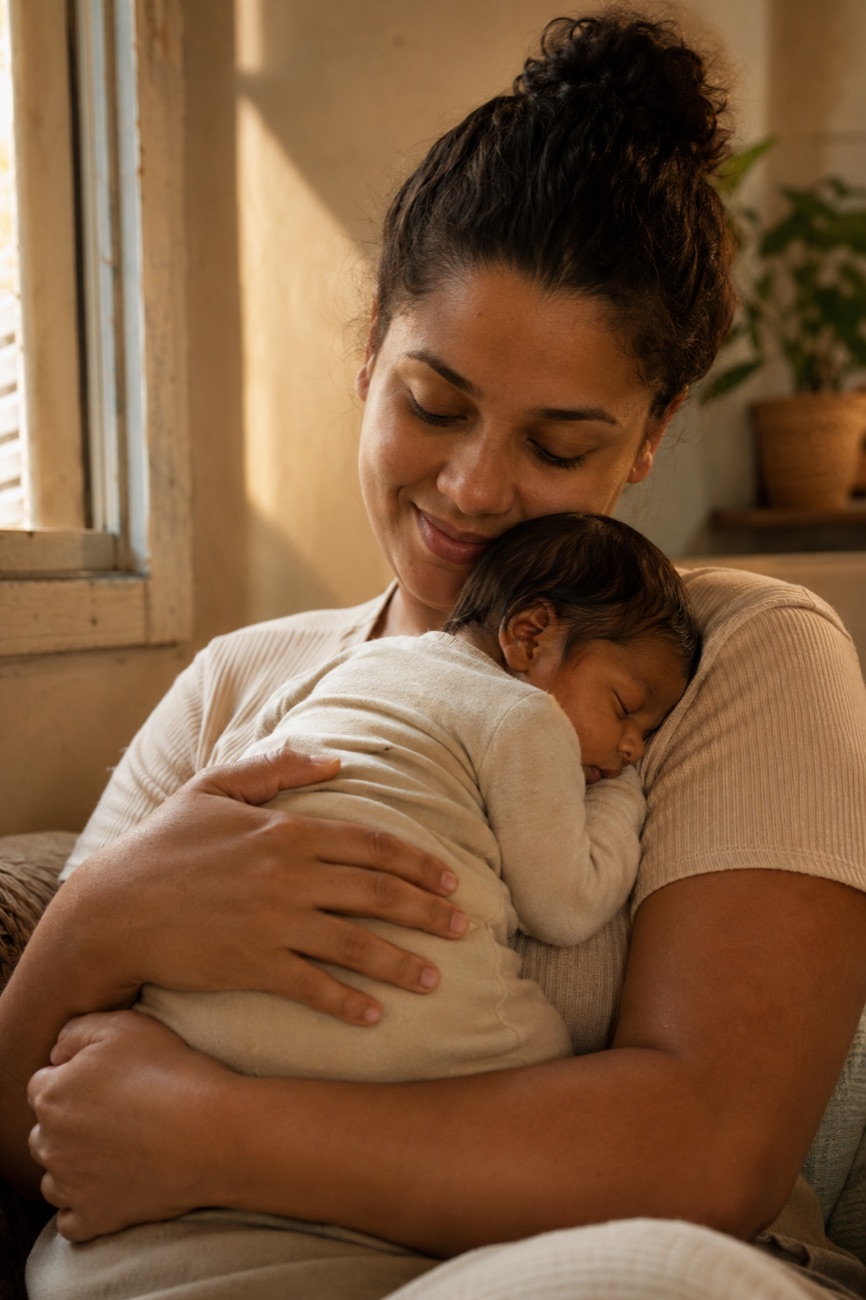 Mãe brasileira segurando seu bebê recém-nascido no colo, com carinho, perto da janela